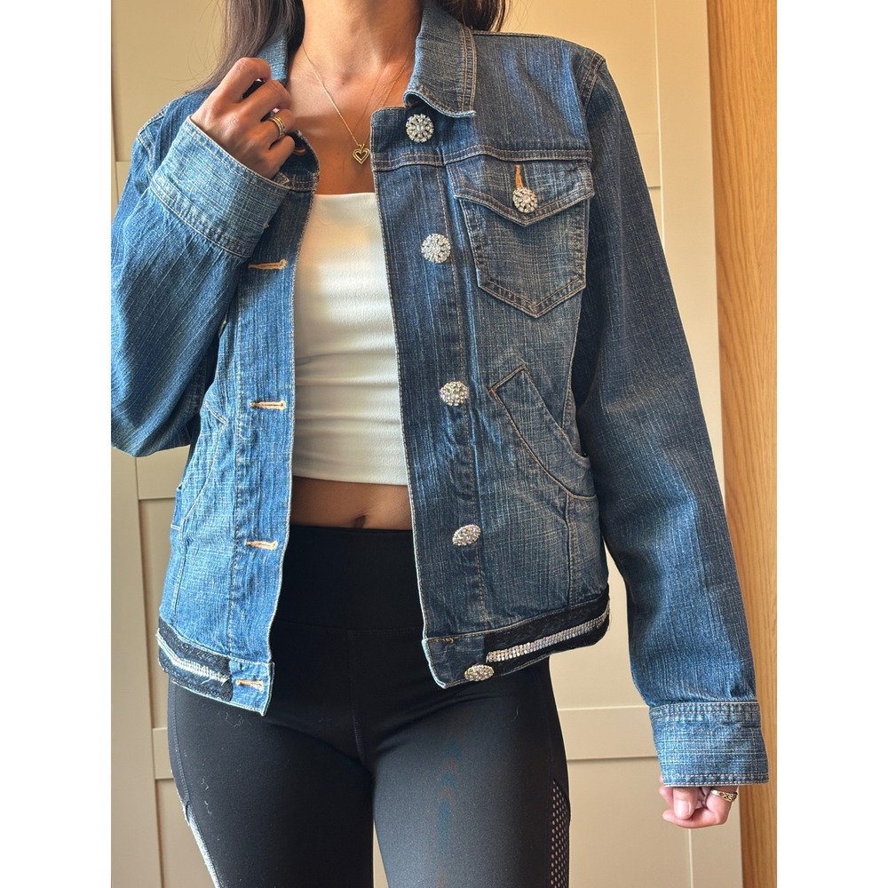 Nancy Bolen Medium Wash Denim Jacket Rhinestone Sequin Y2k Glam
Medium